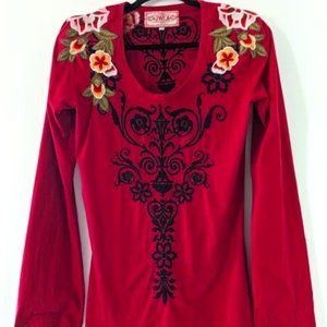 Johnny Was Red Long Sleeve Top with Floral Embroidery